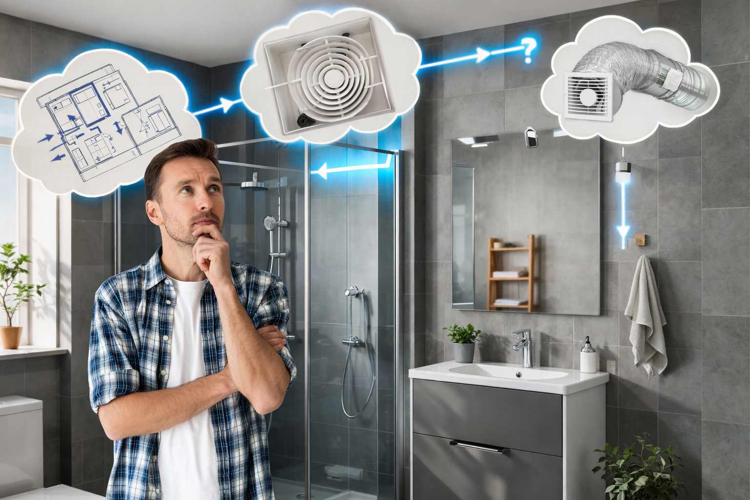 Covek u kupatilu koji razmislja o tome koji ventilator da postavi u kupatilo