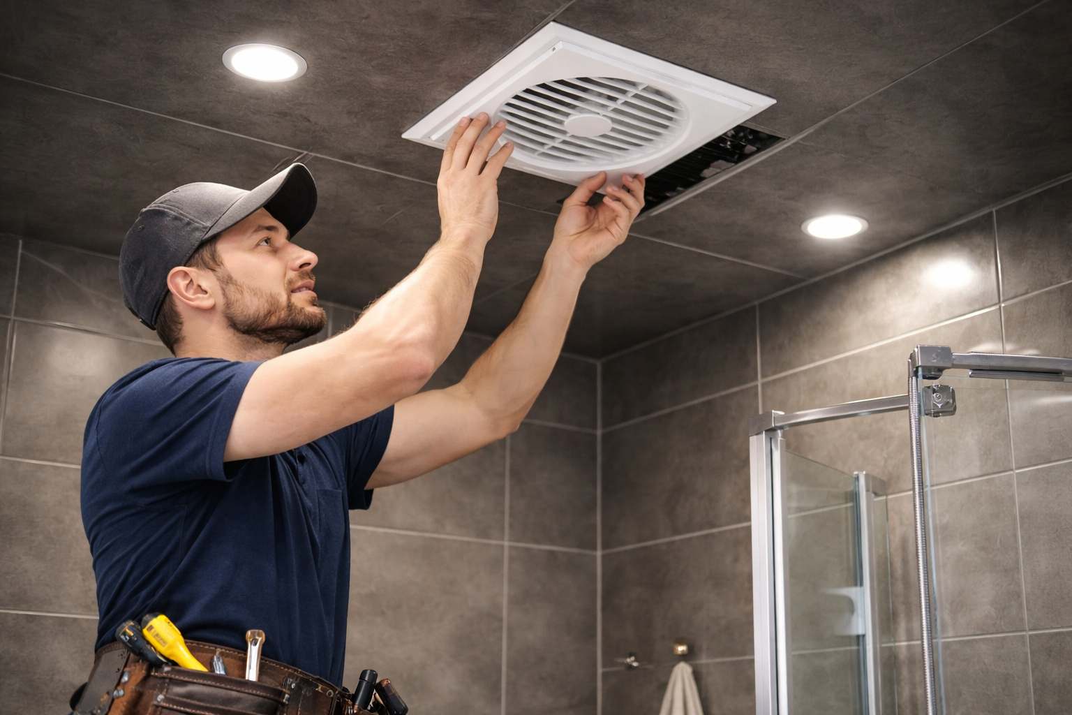 Majstor ugradjuje ventilator za kupatilo u spusteni plafon